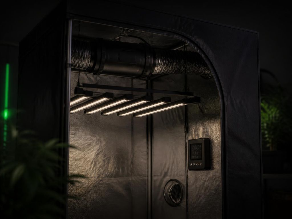 Modern indoor grow tent with LED bar light, inline ventilation and a climate controller